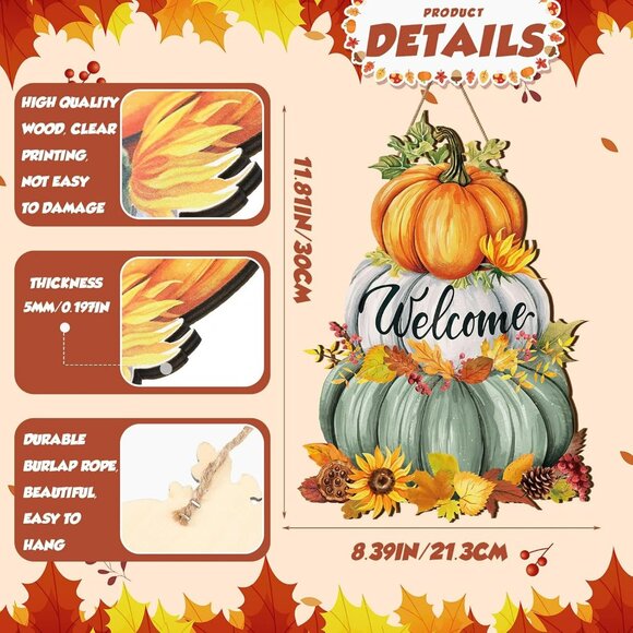 Fall Pumpkin Welcome Sign - Wooden Rustic Decorative Hanging Sign for Thanksgivi - Picture 3 of 6